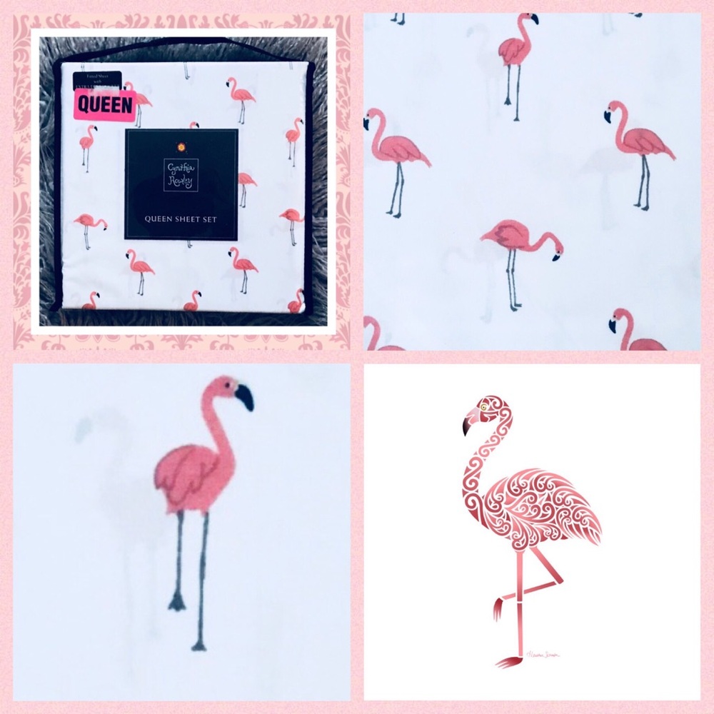 Cynthia Rowley White & Pink Flamingo Queen Sheets - Picture 2 of 8